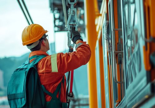 Worker adjusting gondola hook; industrial site. Worker adjusting gondola hook; industrial site.