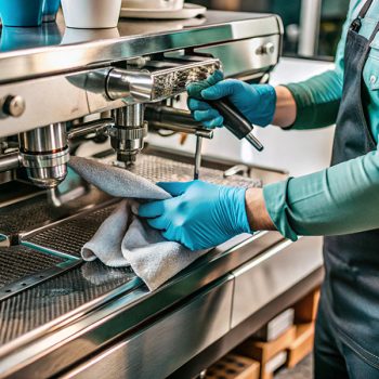 Technician Cleaning Commercial Coffee Machine, Disassembling Com Technician Cleaning Commercial Coffee Machine, Disassembling Components in Café Setting