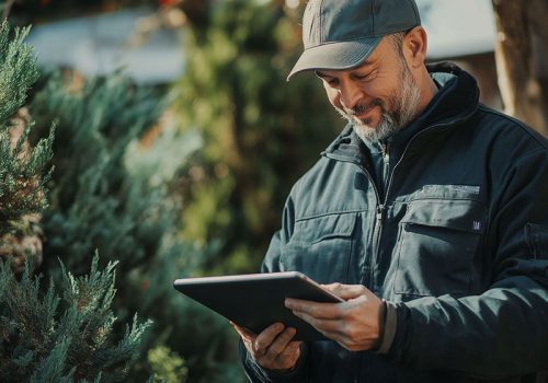 Professional landscape arborist technician using a tablet to pro Professional landscape arborist technician using a tablet to provide a customer a quote on the outdoor job site --ar 16:9 --v 6.1 Job ID: 25bdc4b3-fa6a-4f5f-96e6-d5c565df9168