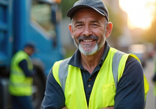 Smiling middle-aged sanitation worker portrait in city. Man wears uniform, safety vest, cap. Public service employee, outdoor work. Daytime shot, city street landscape. People at work, urban job. Smiling middle-aged sanitation worker portrait in city. Man wears uniform, safety vest, cap. Public service employee, outdoor work. Daytime shot, city street landscape. People at work urban job.
