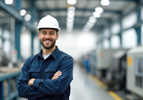 Smiling male engineer in work uniform, helmet stands at factory. Confident factory worker at industrial site, arms crossed. Foreman, technician in manufacturing, workplace, industrial job. Smiling male engineer in work uniform, helmet stands at factory. Confident factory worker at industrial site, arms crossed. Foreman, technician in manufacturing, workplace industrial job.